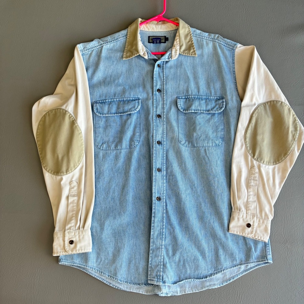 Vintage Ruff Hewn Denim Color Block Shirt Mens Large Elbow Patch Made in USA